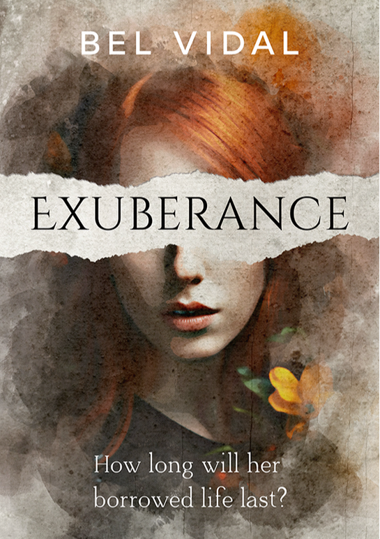 Cover of exuberance. Woman with red hair with her eyes hidden behind a ripped piece of paper with the word exuberance on it, surrounded by a watercolour effect