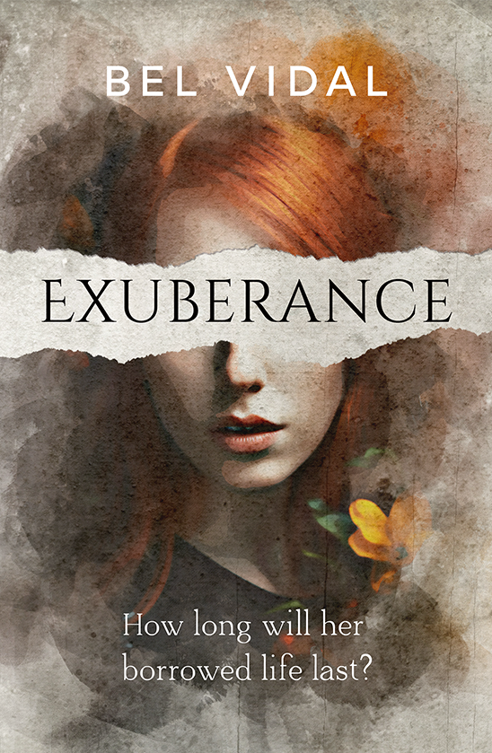 Cover of exuberance. Woman with red hair with her eyes hidden behind a ripped piece of paper with the word exuberance on it, surrounded by a watercolour effectPicture